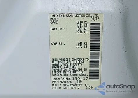 2013 Nissan Altima 2.5 Sl из США, поврежденный, VIN 1N4AL3AP9DC139417